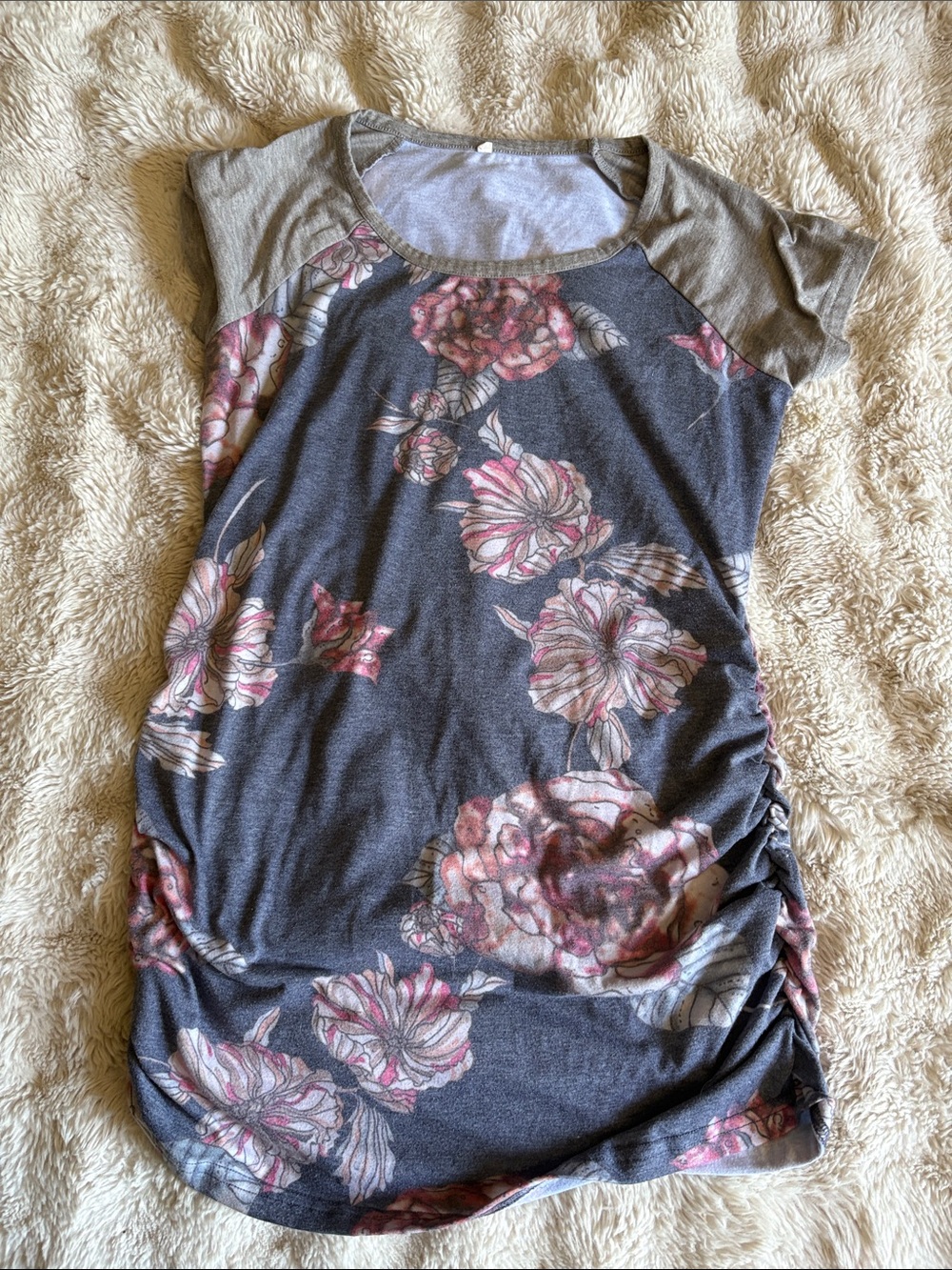 Floral Short Sleeve Maternity/Nursing Top — Charcoal with Pink Floral